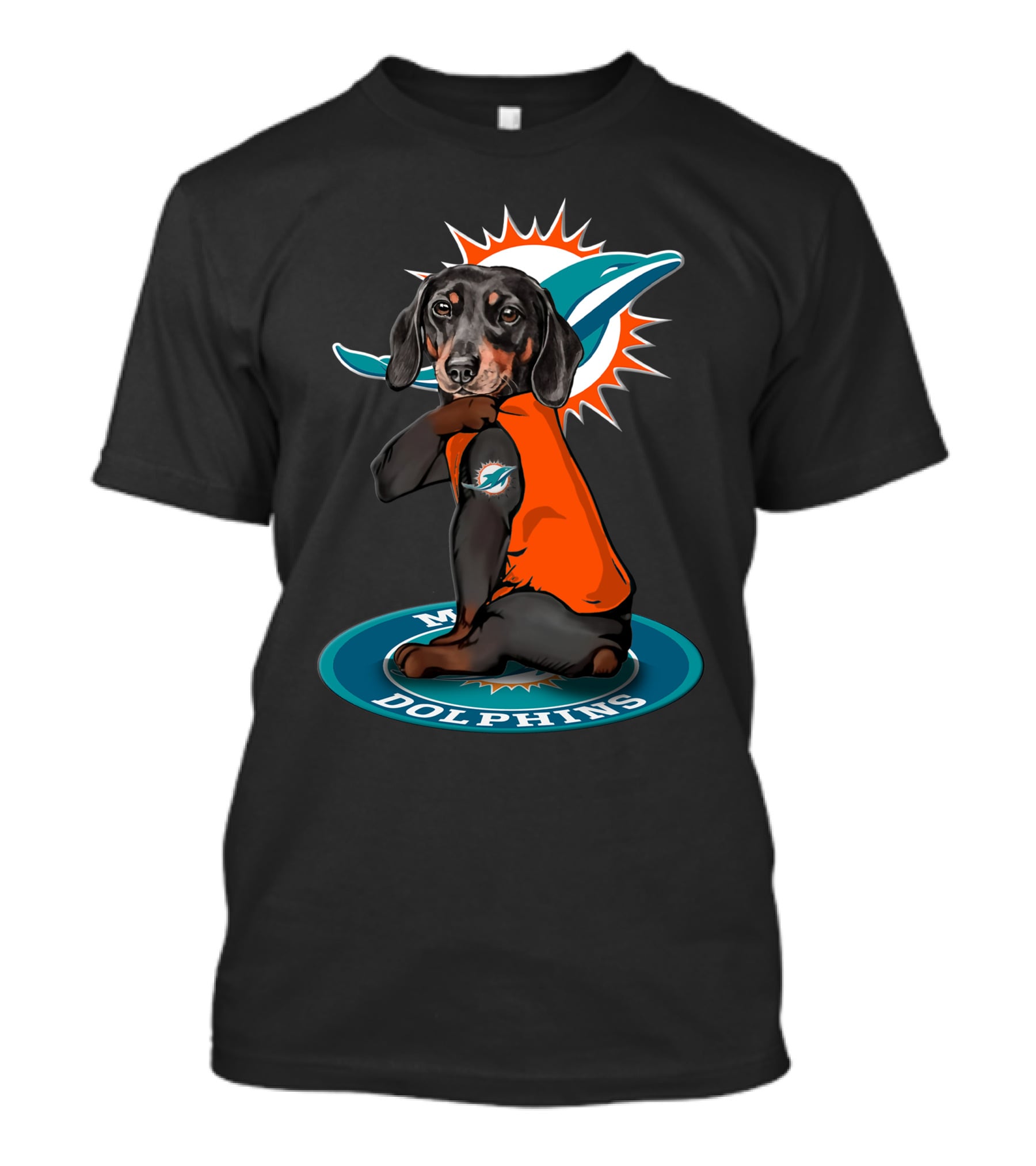 Miami Dolphins Dog Wearing Team Colors On T-Shirt