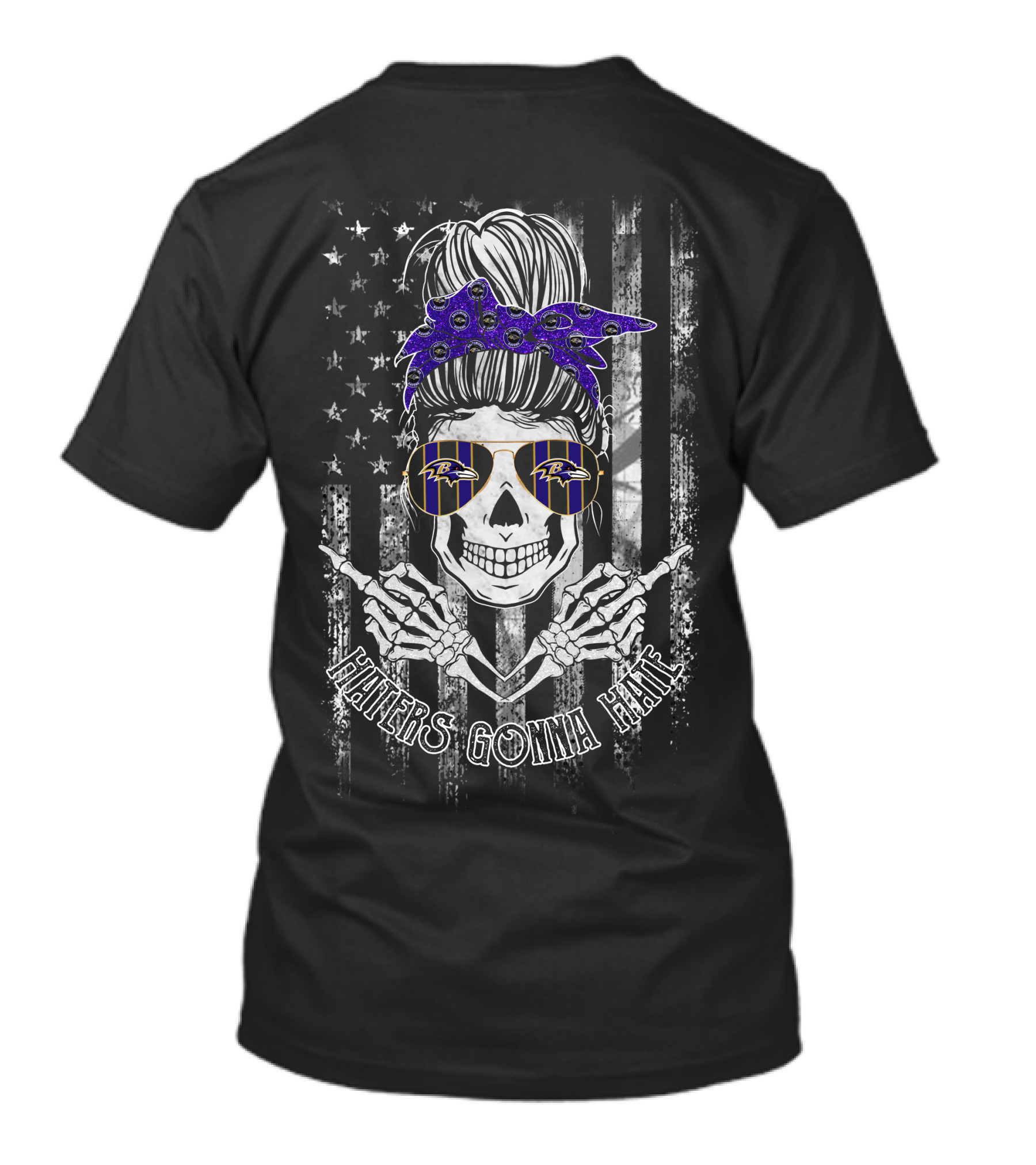 Haters Gonna Hate Skeleton Baltimore Ravens Fan With Bandana And Sunglasses T-Shirt