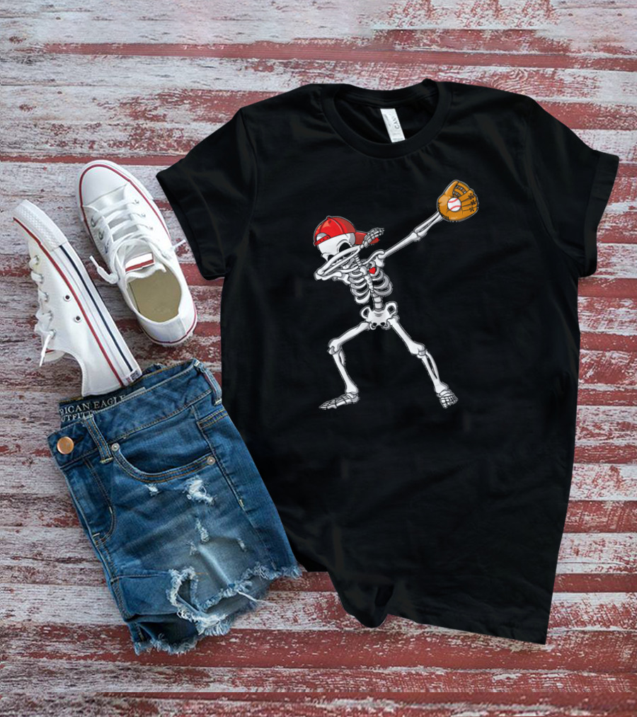 Dabbing Skeleton Baseball Dab Hip With Catcher's Glove And Cap T-Shirt