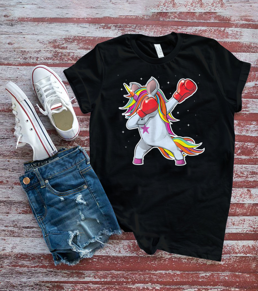 Dabbing Boxing Unicorn With Rainbow Mane And Red Gloves Girl Squad Rules T-Shirt