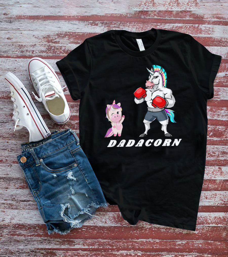 Dadacorn Boxing Unicorn Dad Baby With Muscle And Rainbow Mane T-Shirt