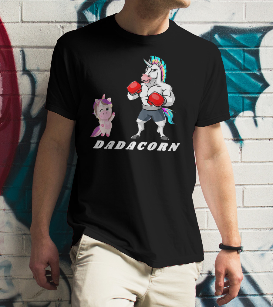 Dadacorn Boxing Unicorn Dad Baby With Muscle And Rainbow Mane T-Shirt