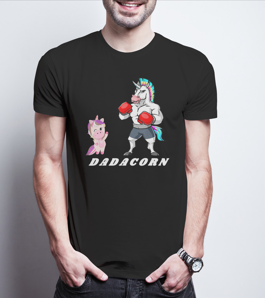 Dadacorn Boxing Unicorn Dad Baby With Muscle And Rainbow Mane T-Shirt