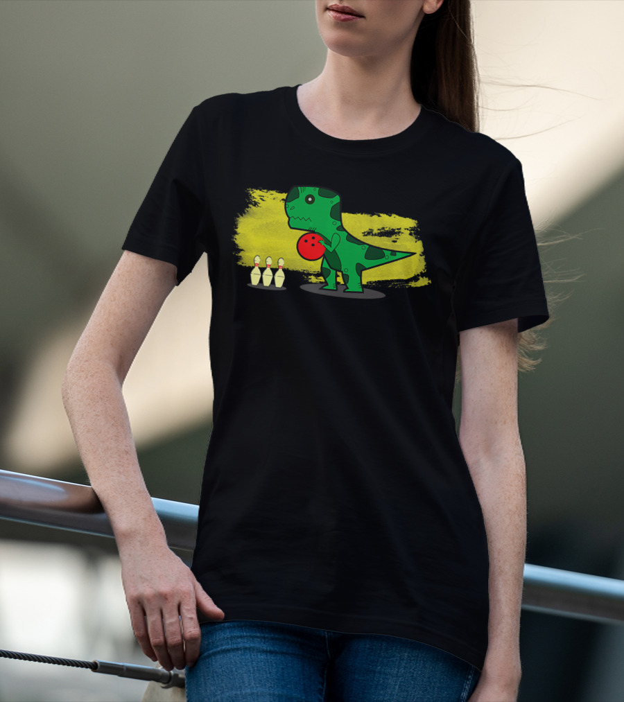 Dino Bowler With Red Bowling Ball And Pins In Yellow Splash Background T-Shirt