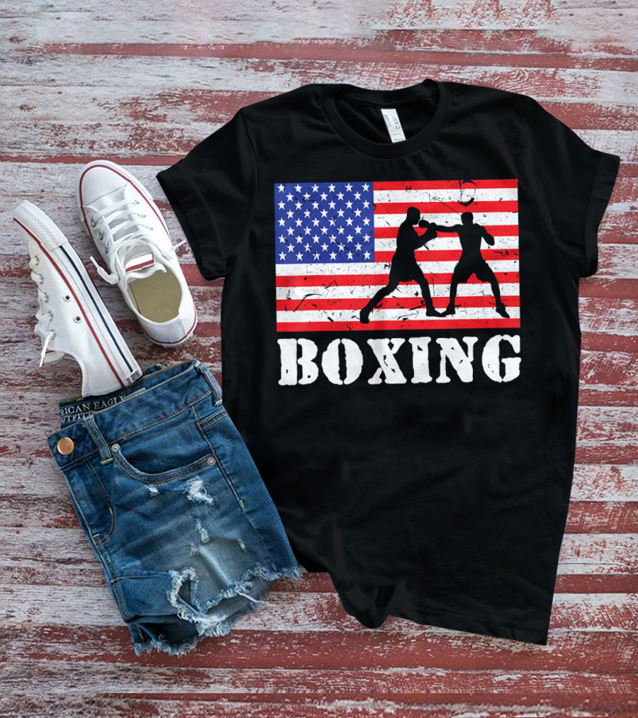 Distressed Boxing USA American Flag With Fighters T-Shirt