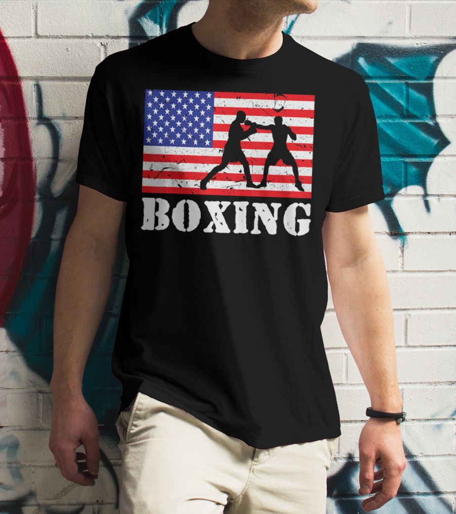 Distressed Boxing USA American Flag With Fighters T-Shirt