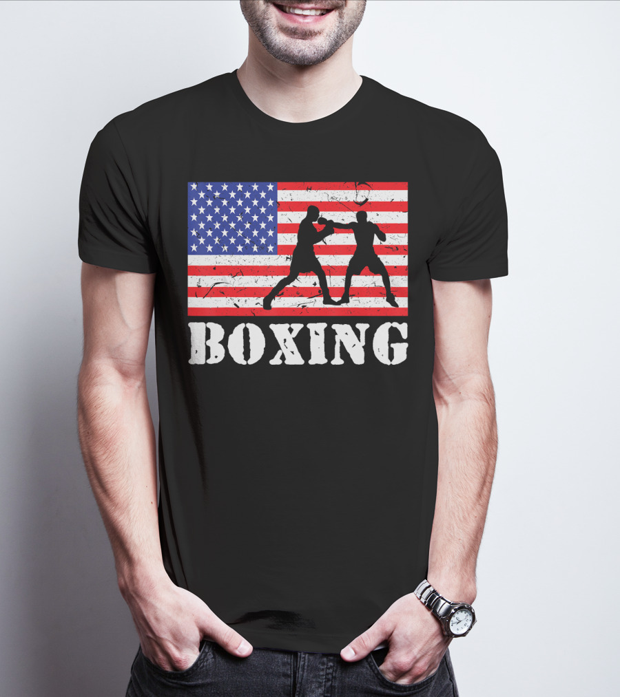 Distressed Boxing USA American Flag With Fighters T-Shirt