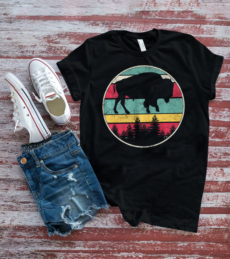 Distressed Buffalo Bison Silhouette With Retro Stripes And Forest Scene T-Shirt