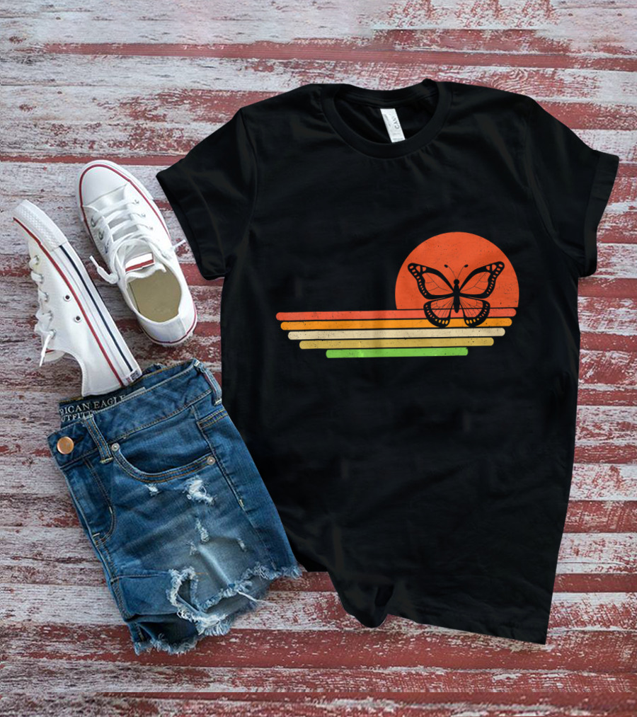 Distressed Butterfly Retro Sunset Stripes T-Shirt