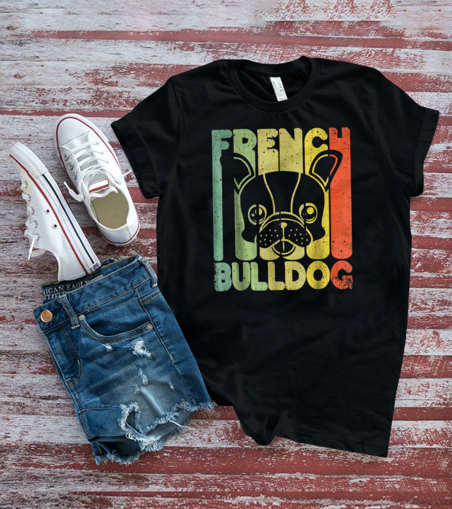 Distressed French Bulldog Vintage Rainbow Stripes T-Shirt