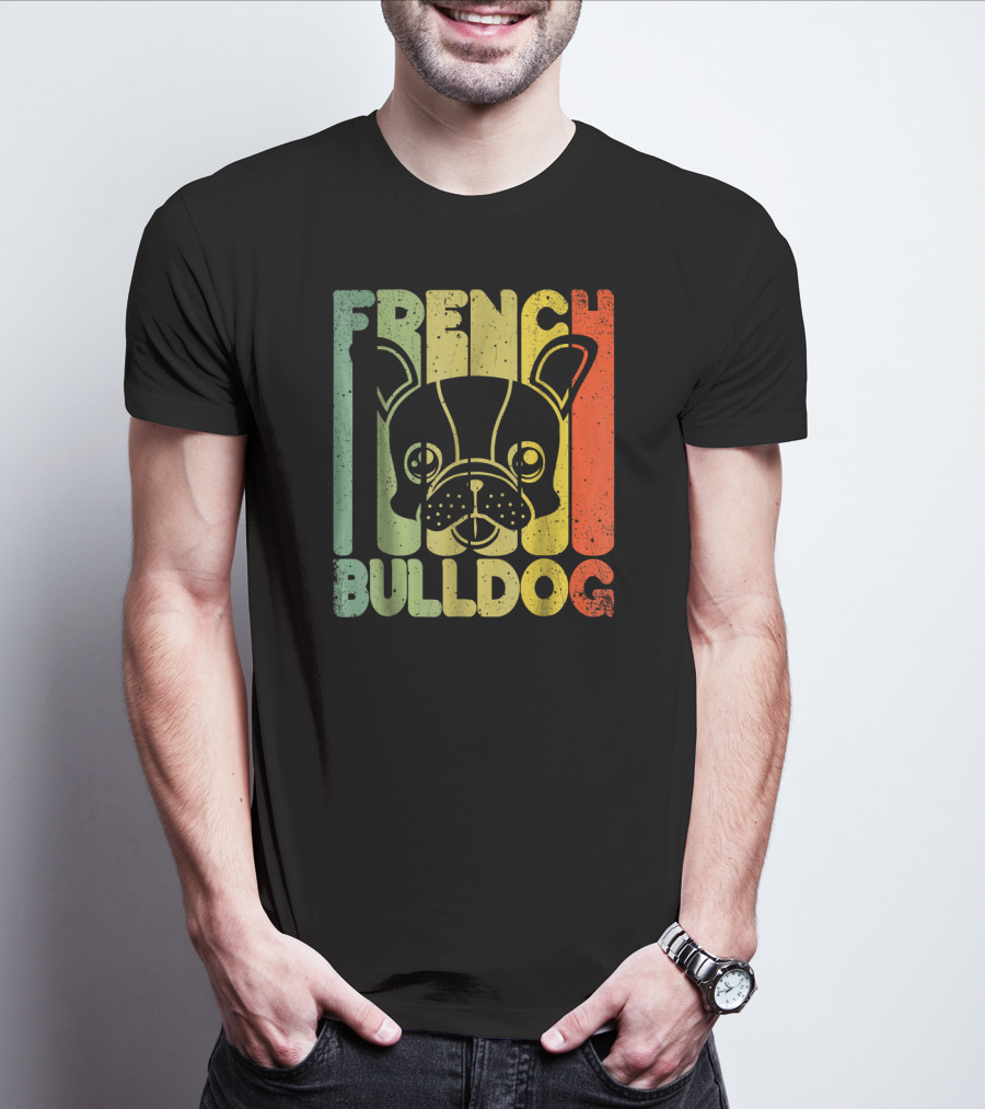 Distressed French Bulldog Vintage Rainbow Stripes T-Shirt