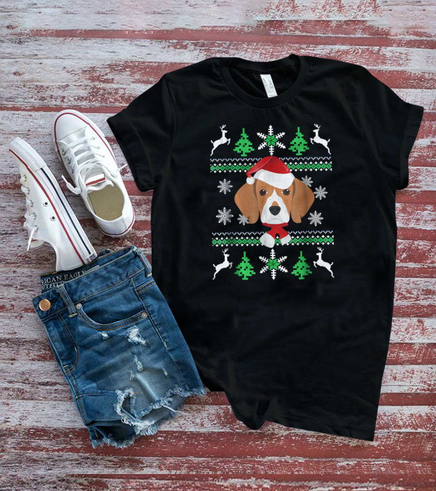 Beagle Santa Christmas Sweater With Snowflakes And Reindeer T-Shirt