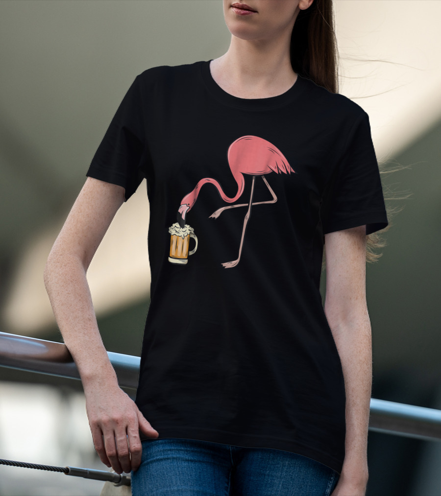 Funny Pink Flamingo Drinking Beer Illustrative Humor T-Shirt