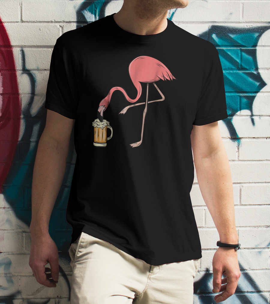 Funny Pink Flamingo Drinking Beer Illustrative Humor T-Shirt