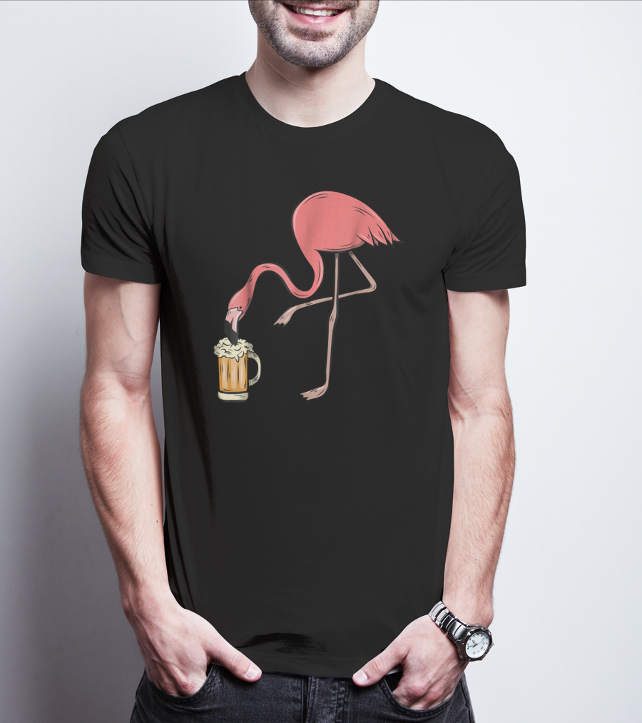 Funny Pink Flamingo Drinking Beer Illustrative Humor T-Shirt