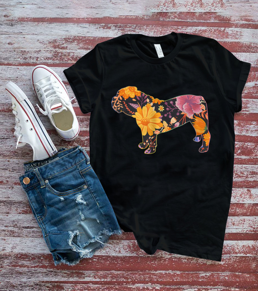 Floral Flower Vintage Bulldog Silhouette With Colorful Botanical T-Shirt