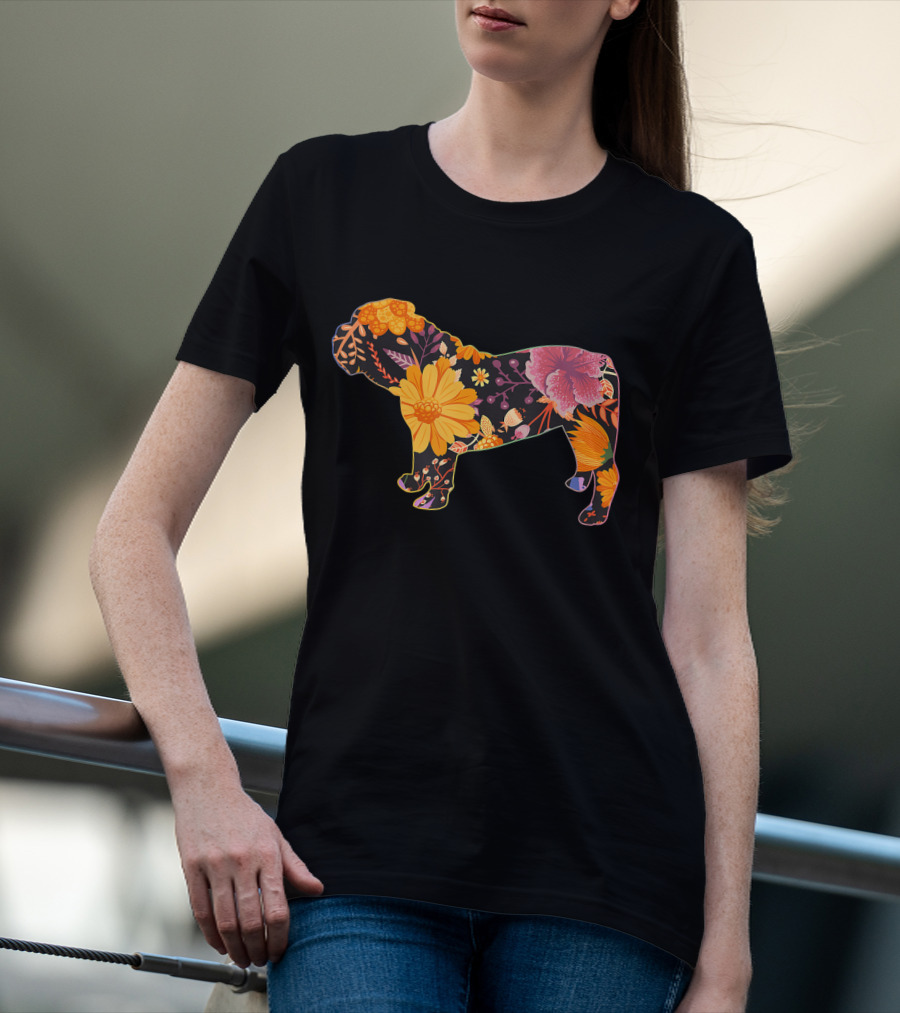 Floral Flower Vintage Bulldog Silhouette With Colorful Botanical T-Shirt