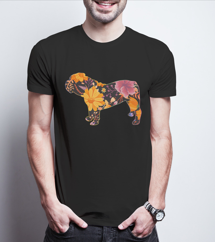 Floral Flower Vintage Bulldog Silhouette With Colorful Botanical T-Shirt