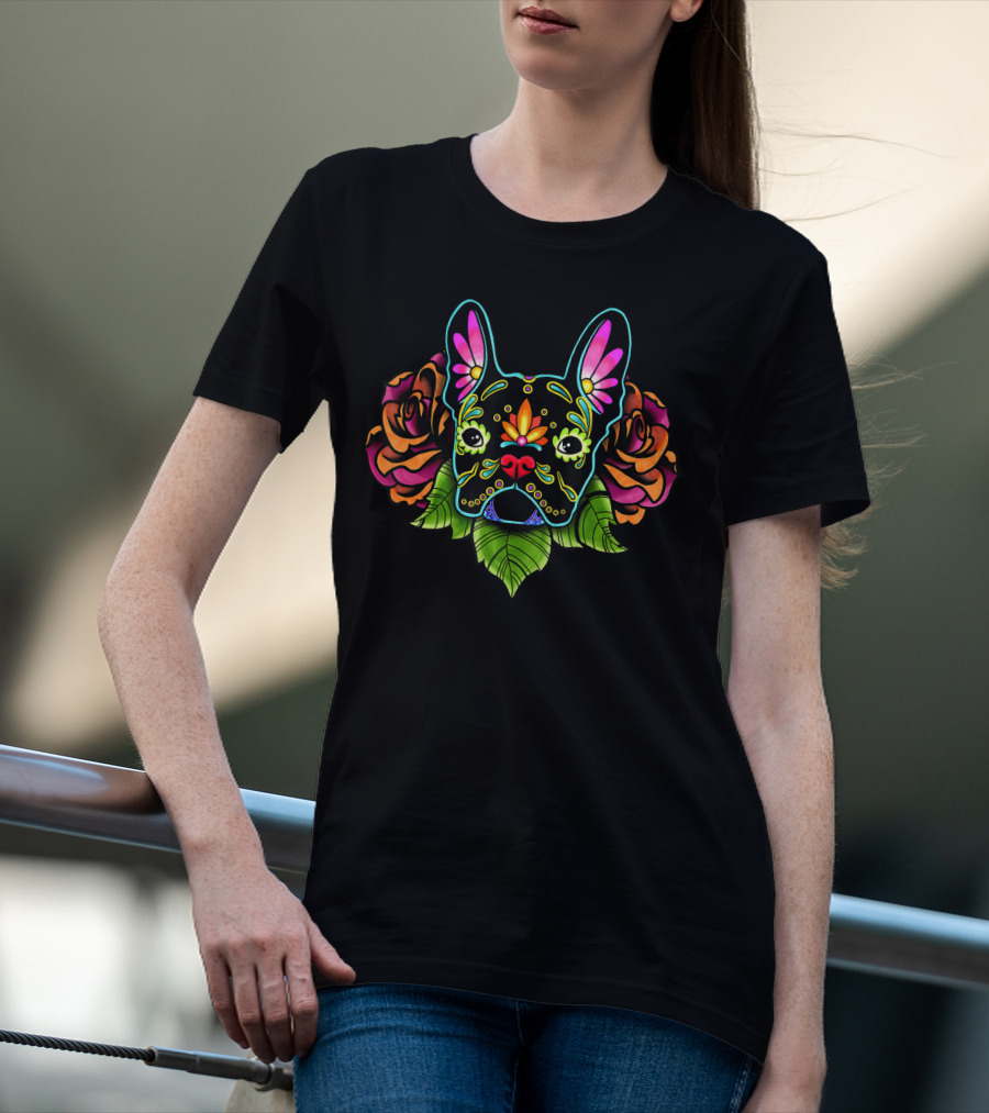 French Bulldog Colorful Day Of The Dead Floral Roses T-Shirt