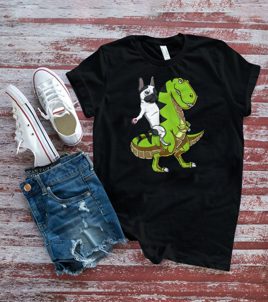 French Bulldog Riding T-Rex Dinosaur Adventure T-Shirt