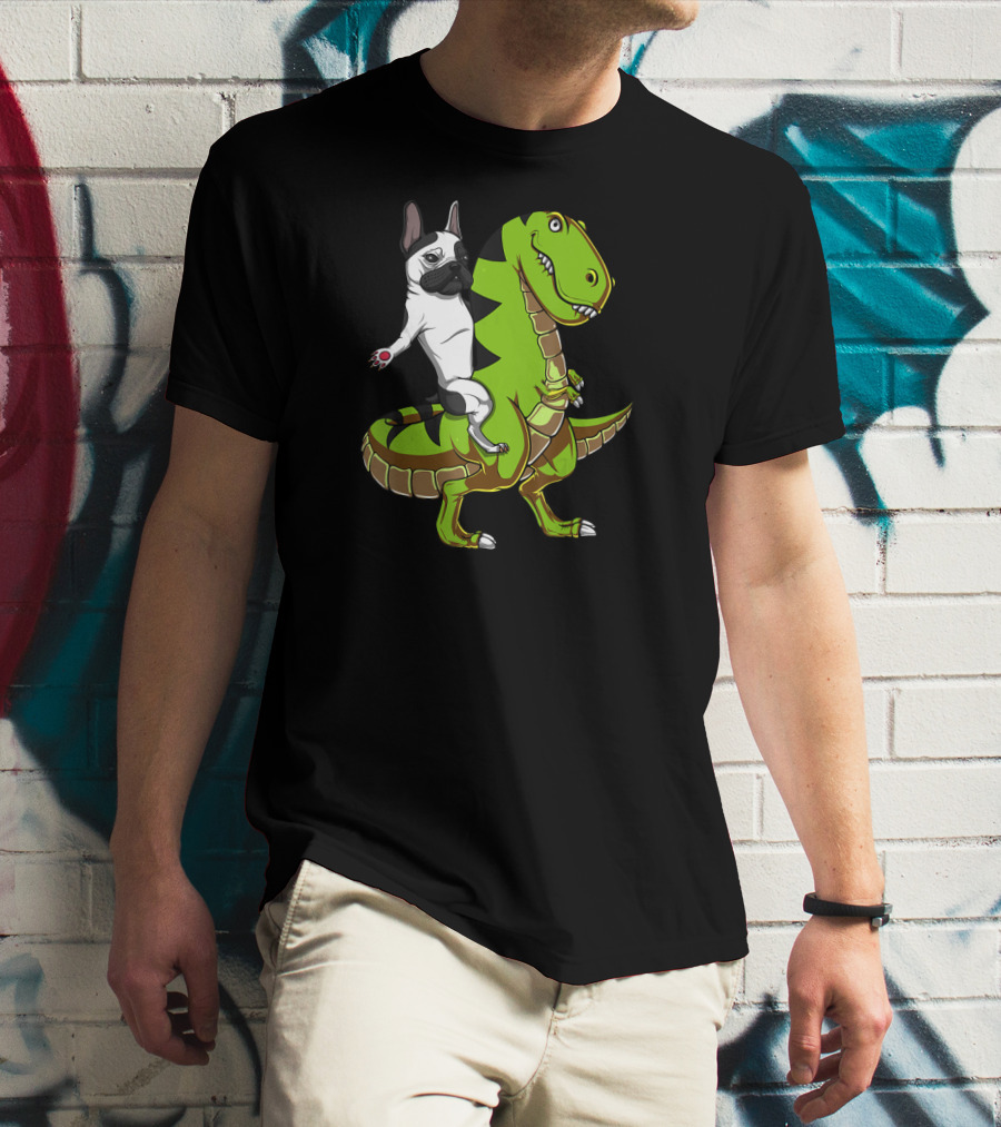 French Bulldog Riding T-Rex Dinosaur Adventure T-Shirt
