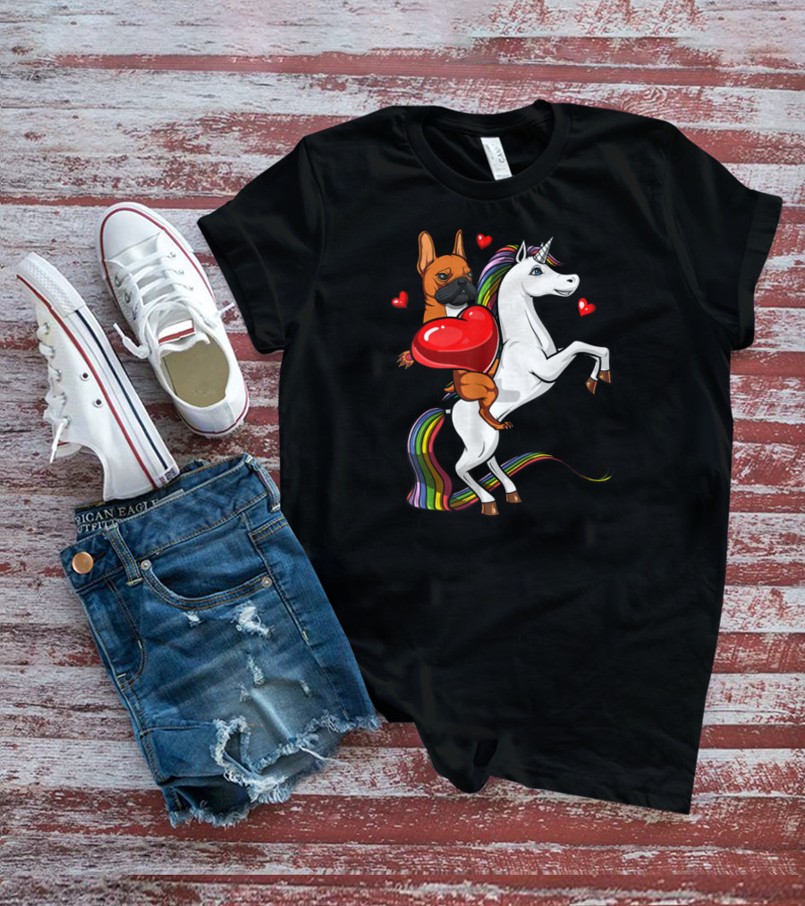 French Bulldog With Heart On Rainbow Unicorn Valentine's T-Shirt