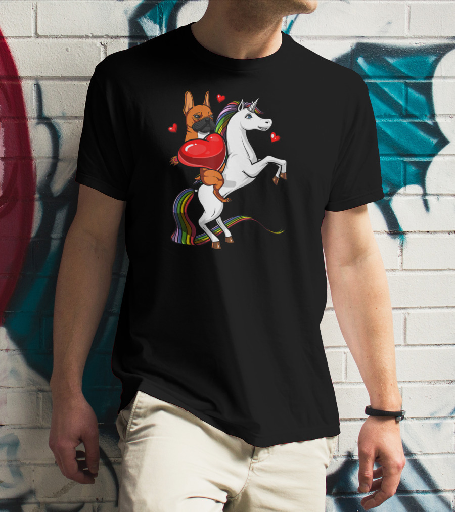 French Bulldog With Heart On Rainbow Unicorn Valentine's T-Shirt