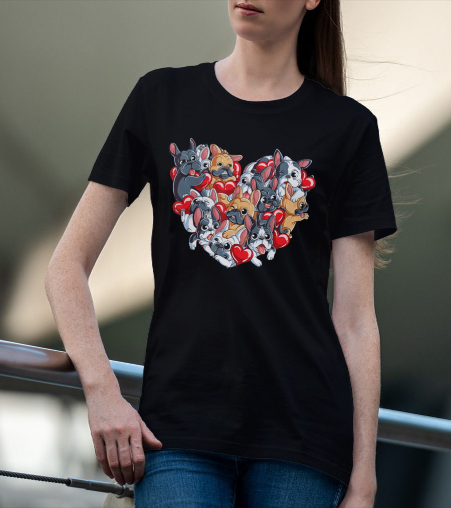 French Bulldog Valentines Day Heart With Cute Puppies And Red Hearts T-Shirt