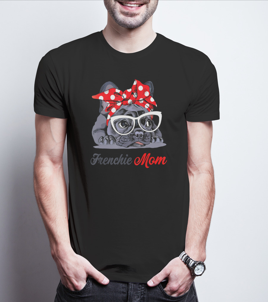 Frenchie Mom With Stylish Glasses And Red Polka Dot Bow French Bulldog Love T-Shirt
