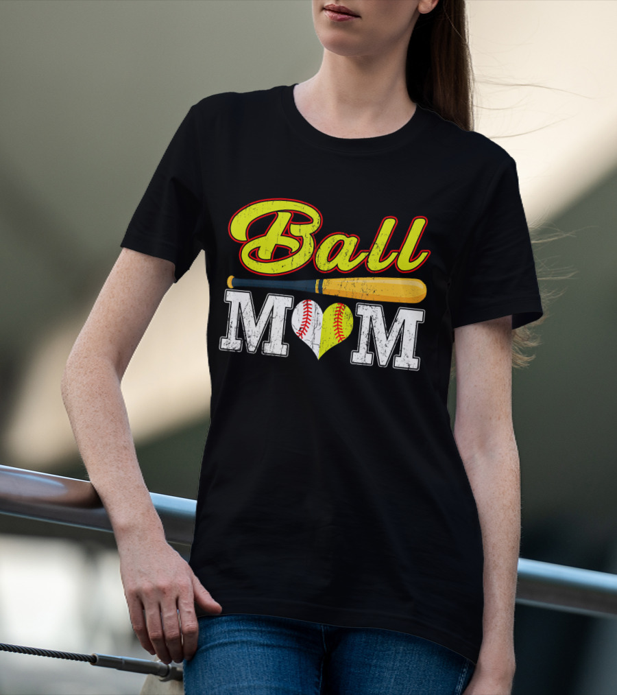 Ball Mom Softball Baseball Heart Bat T-Shirt