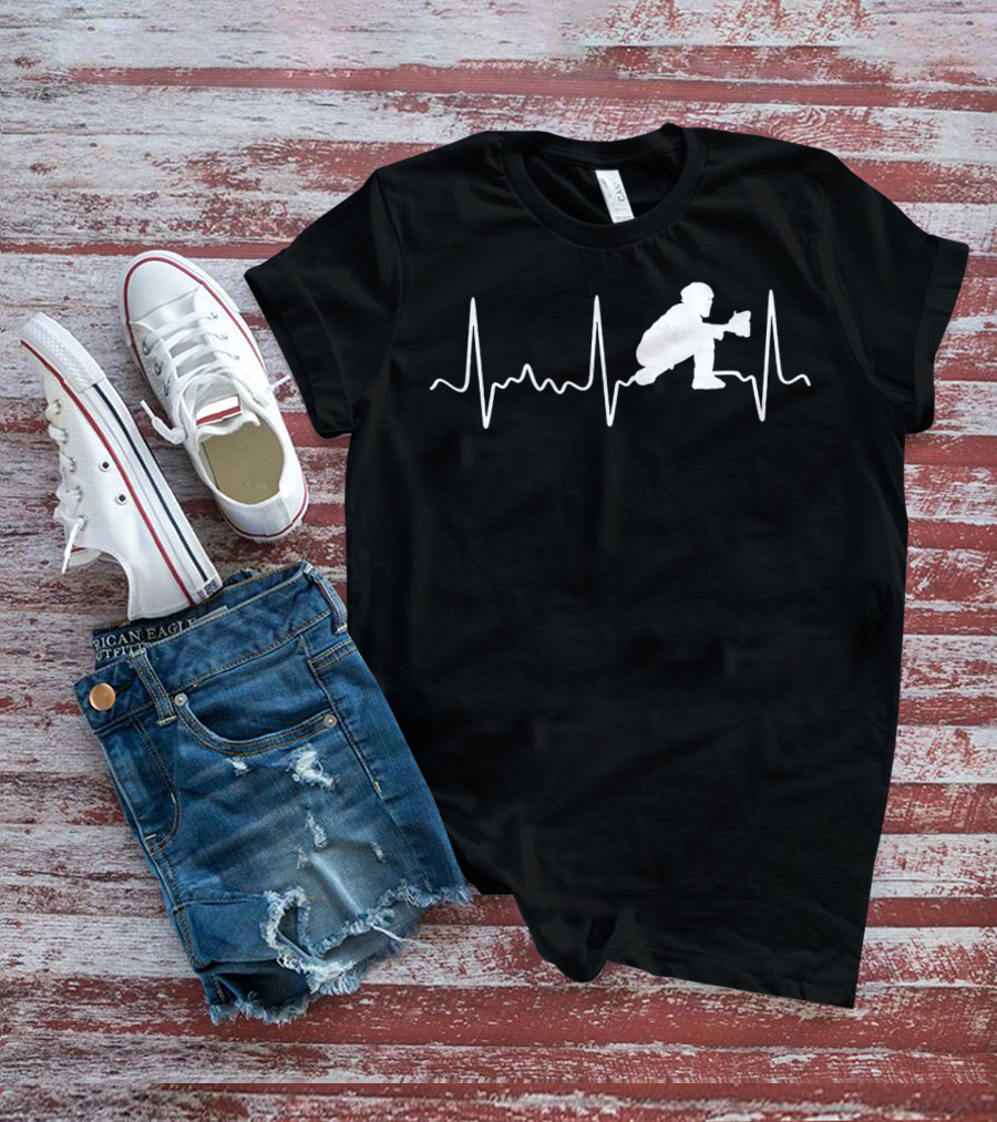 Baseball Catcher Silhouette Heartbeat Line T-Shirt