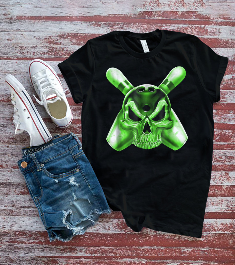 Bowling Skull Crossed Pins Green T-Shirt