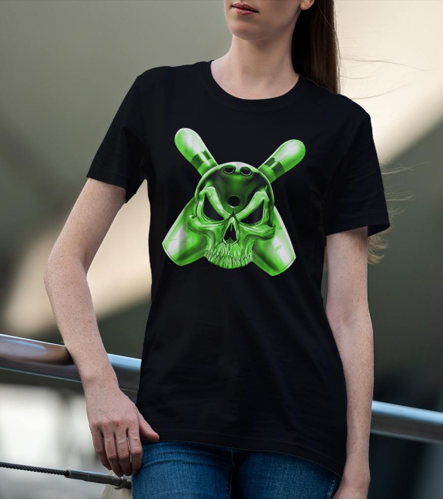 Bowling Skull Crossed Pins Green T-Shirt
