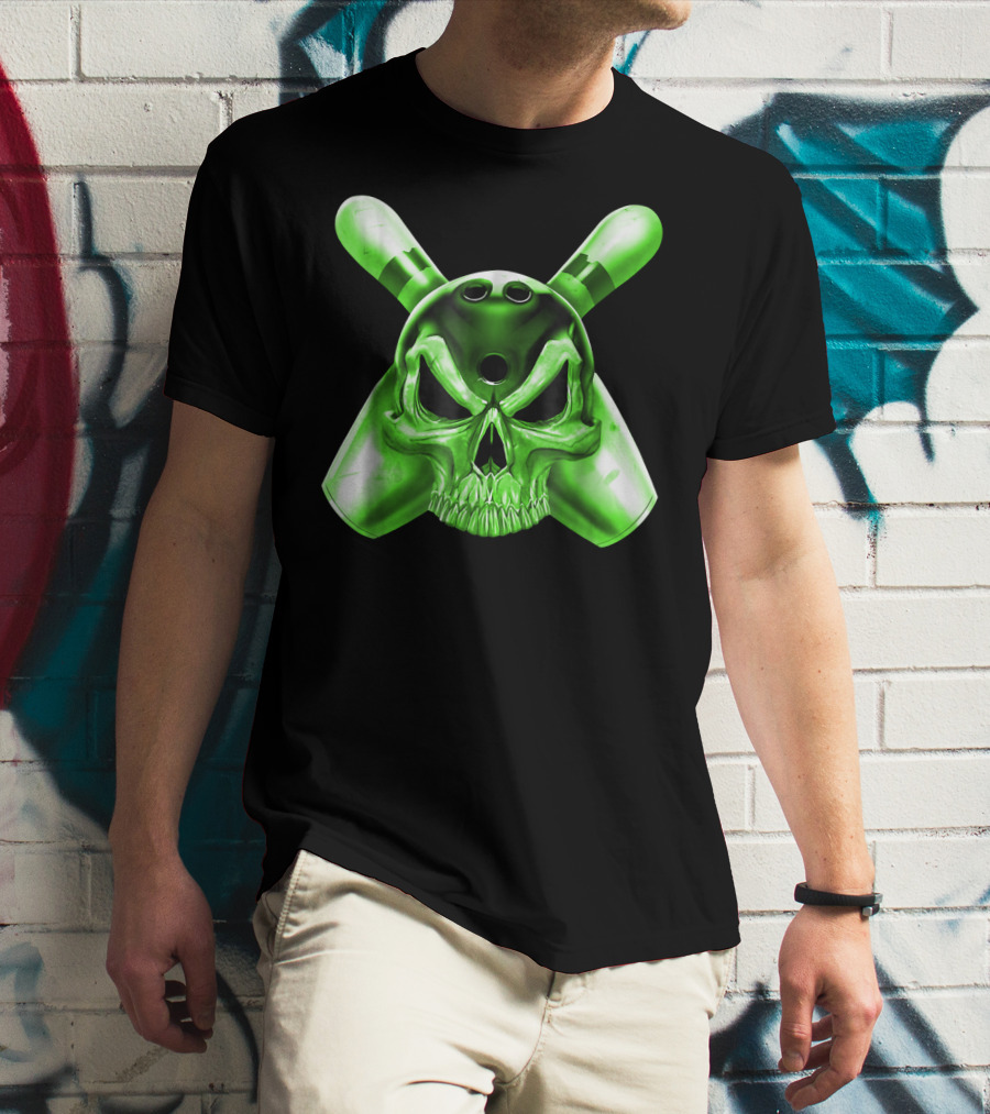 Bowling Skull Crossed Pins Green T-Shirt