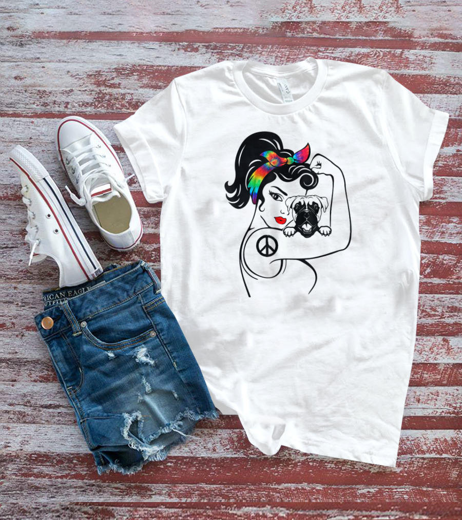 Peace Symbol Hippie Boxer Mom And Dog Lovers Retro T-Shirt