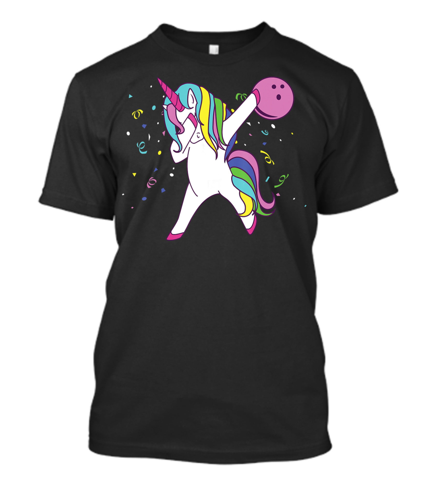 Funny Dabbing Unicorn With Colorful Bowling Ball And Confetti T-Shirt