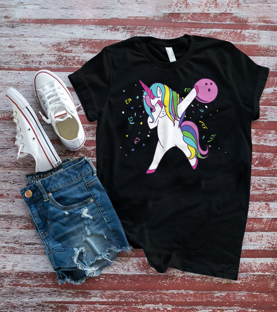Funny Dabbing Unicorn With Colorful Bowling Ball And Confetti T-Shirt
