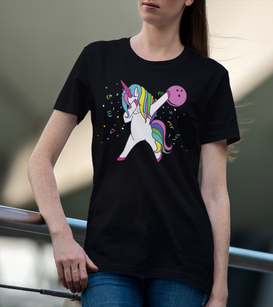 Funny Dabbing Unicorn With Colorful Bowling Ball And Confetti T-Shirt