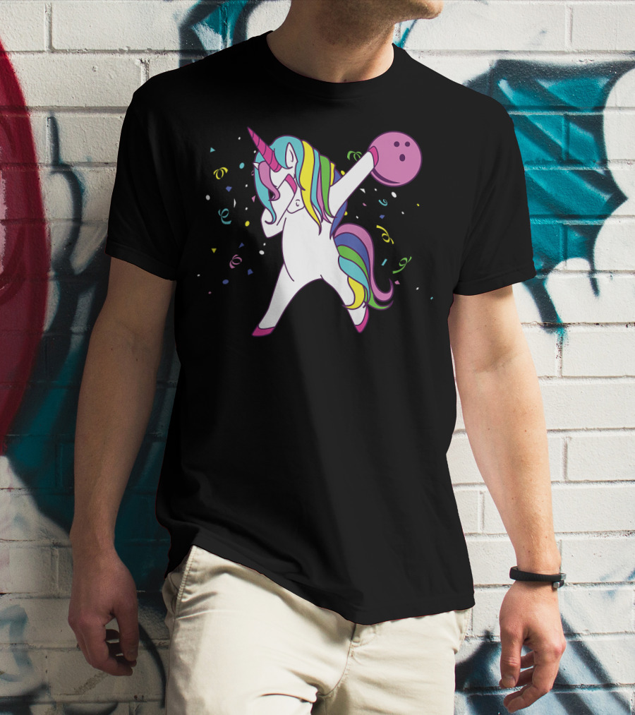 Funny Dabbing Unicorn With Colorful Bowling Ball And Confetti T-Shirt