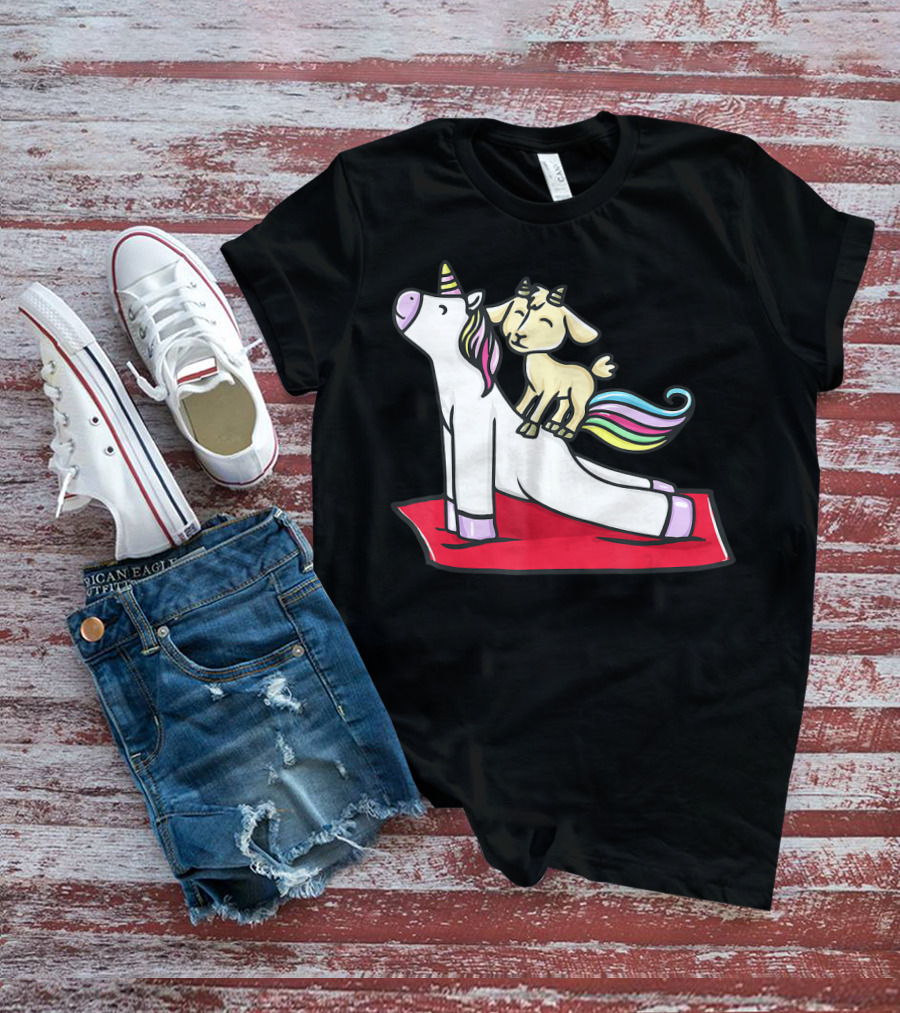 Goat Balancing On Yoga Unicorn Rainbow Mane T-Shirt