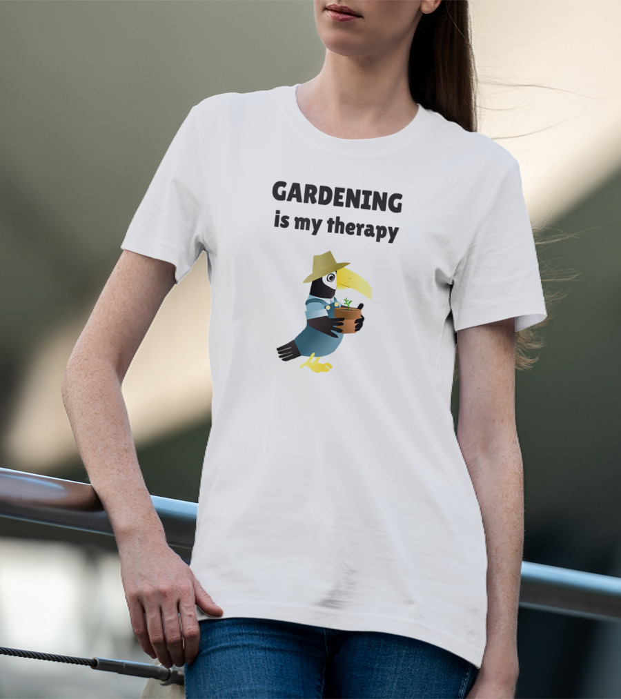 Gardening Is My Therapy Toucan In Hat Holding Plant T-Shirt