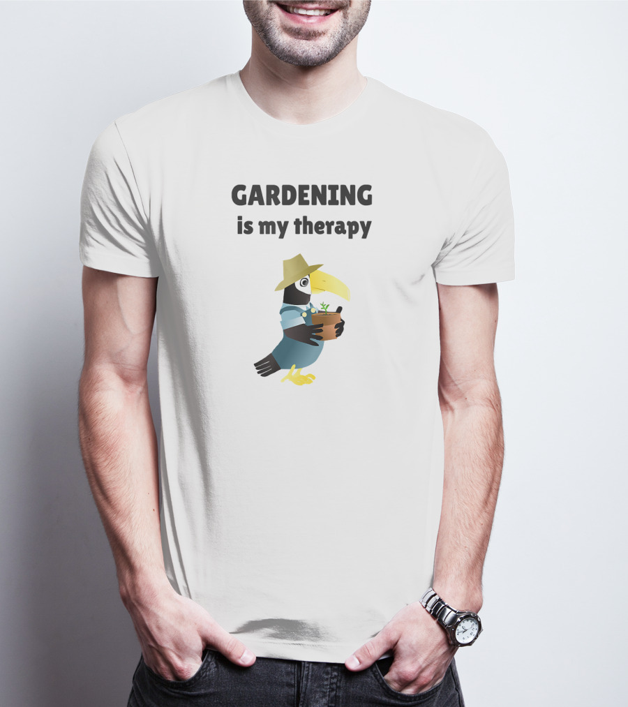 Gardening Is My Therapy Toucan In Hat Holding Plant T-Shirt