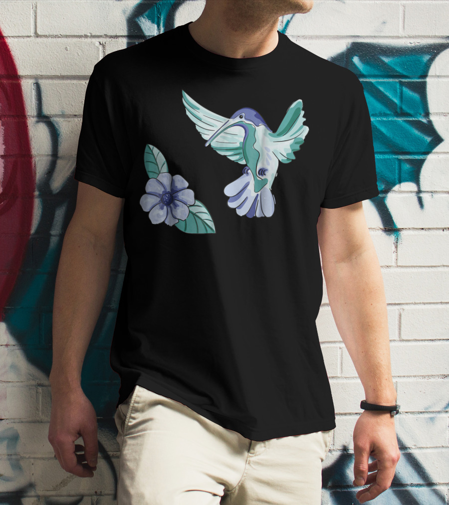 Green And Blue Hummingbird With White And Blue Flower T-Shirt