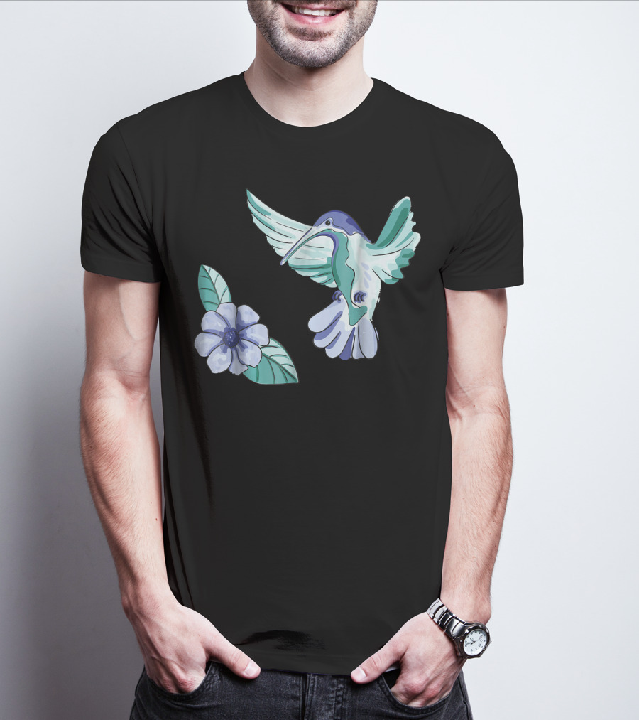 Green And Blue Hummingbird With White And Blue Flower T-Shirt