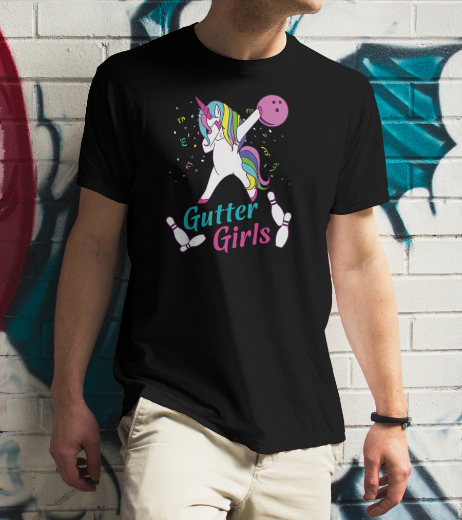 Gutter Girls Unicorn Bowling Team Dabbing Unicorn With Bowling Ball And Pins T-Shirt
