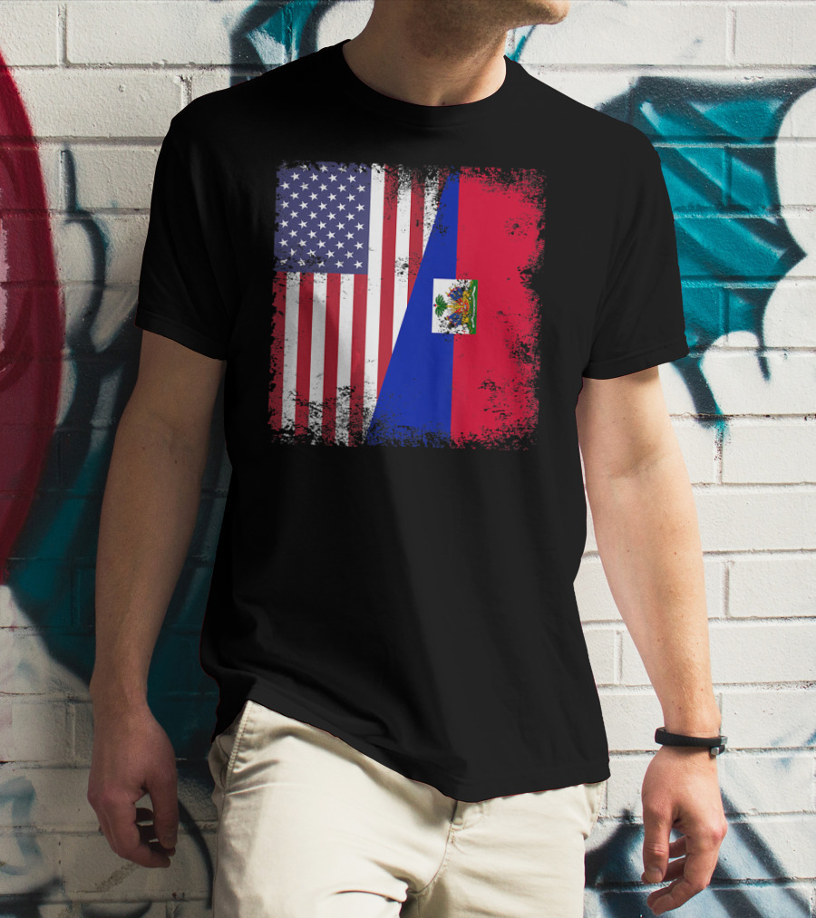 Half Haitian Flag Vintage Haiti U USA Grunge Style Flag Fusion T-Shirt