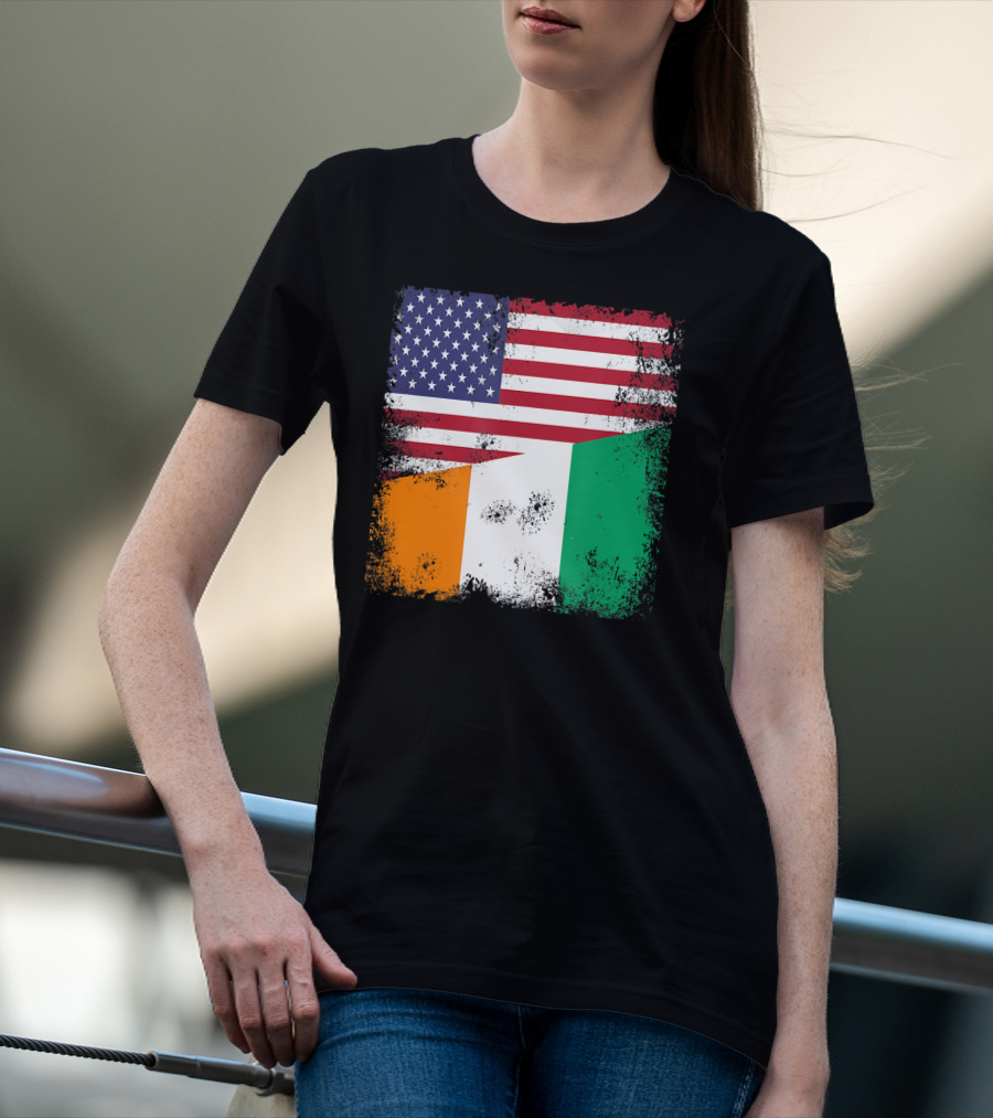 Half Ivorian Flag Vintage Cote D'I With Distressed USA Flag T-Shirt