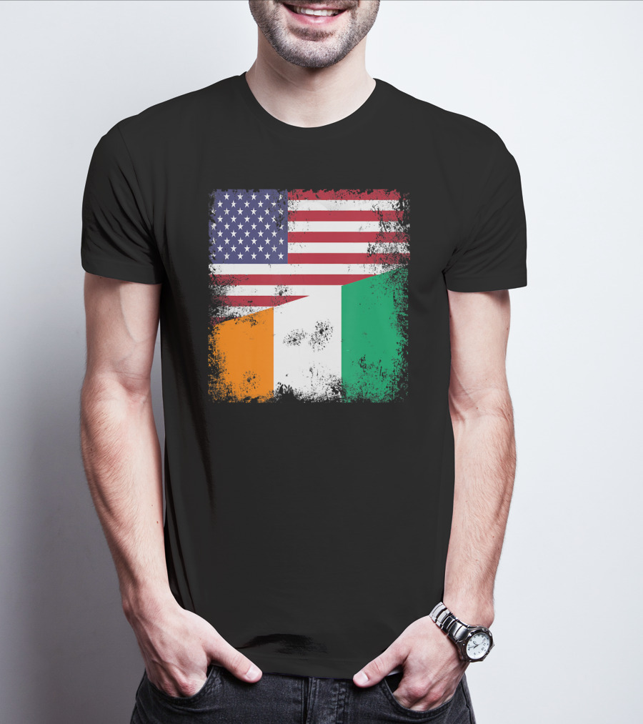 Half Ivorian Flag Vintage Cote D'I With Distressed USA Flag T-Shirt