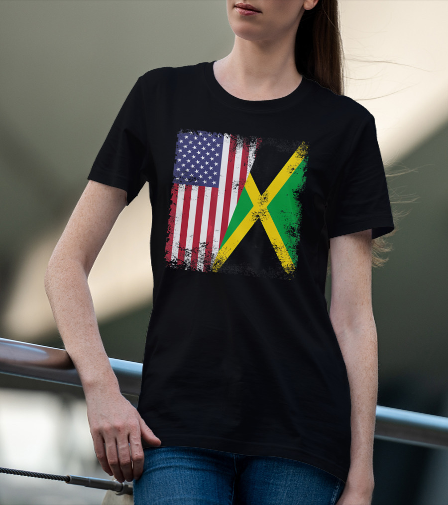 Half Jamaican Flag Vintage Jamaica U.S.A. Flag Overlay T-Shirt