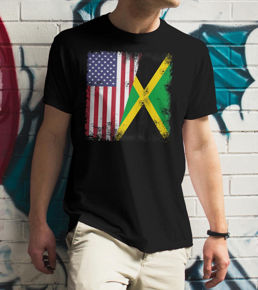 Half Jamaican Flag Vintage Jamaica U.S.A. Flag Overlay T-Shirt